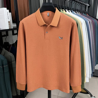 Fashion brand autumn new men's top casual warm 100% cotton long sleeved Polo shirt