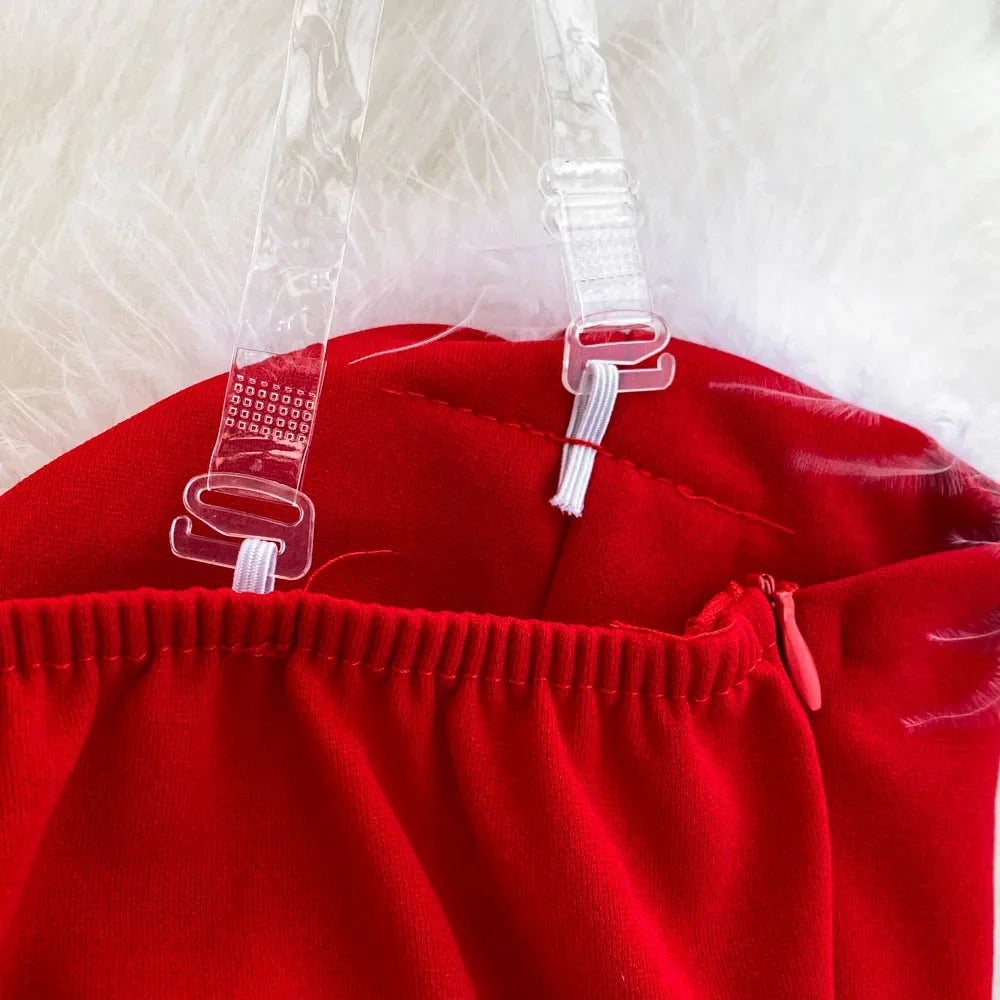 Women's Christmas Dress Sexy Low-cut Waist Thin Big Pendulum Fluffy Splicing Suspender Tube Ling Dress Red