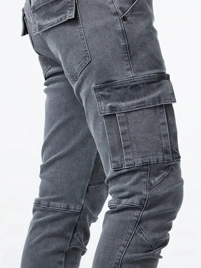 Street Elastic Jeans Men Denim Cargo Pants Wash Solid Color Multi Pockets Casual Mid Waist Trousers Slim Fit Daily Wear Joggers
