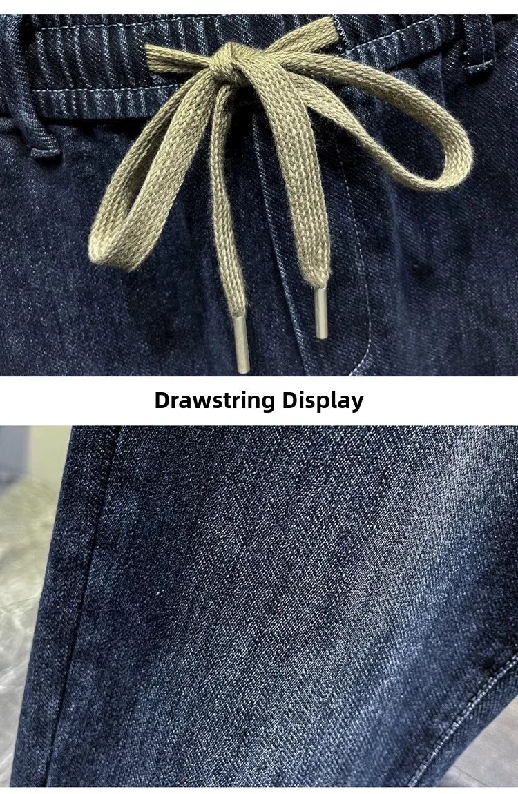 Warm Fleece Lined Elastic Waist Casual Straight Leg Men's Jeans Premium Quality Autumn Winter Thickened Stretch Denim Pants