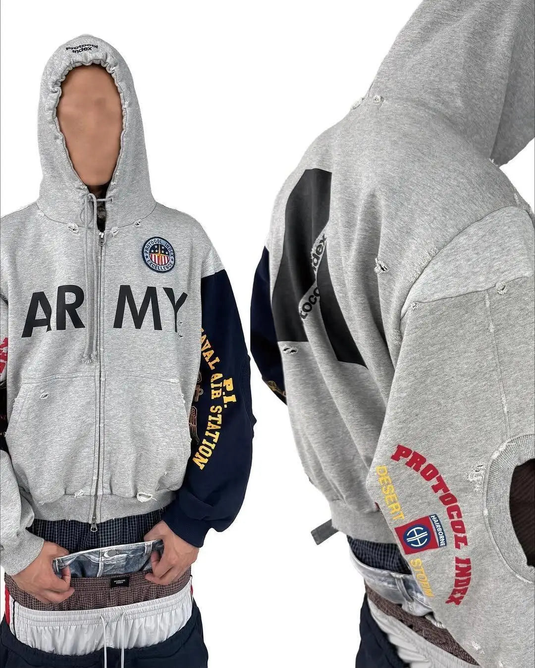 2026 Patchwork ARMY Vintage Damaged Cardigan Pullover Men Women Best Quality Hoodie
