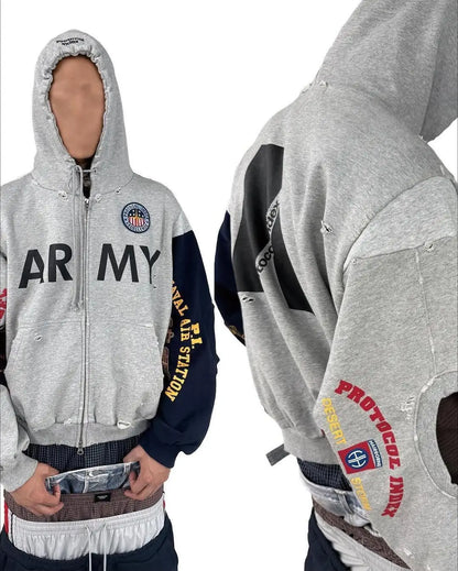 2026 Patchwork ARMY Vintage Damaged Cardigan Pullover Men Women Best Quality Hoodie