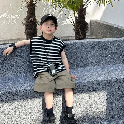 Striped Sleeveless Vest Children Clothing Top and Bottom Clothing Set Fashion 8 14 Years Children's Suit for Boy Clothes Outdoor