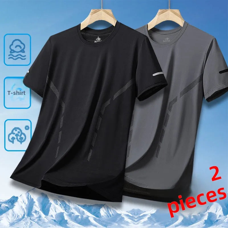 Ice Silk Men's T-Shirt Quick Dry Thin Short Sleeve Breathable Half Sleeve Large Size Casual Sporty Trendy round Neck Short Sl...