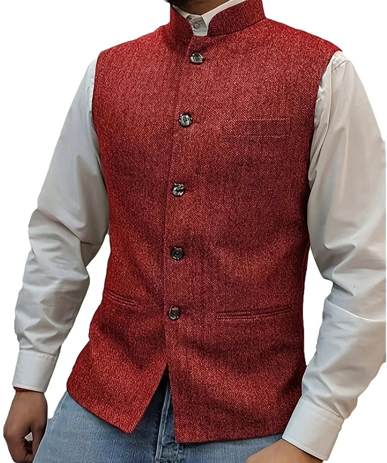 Plus Size Men's Herringbone Vest Standing Collar Woolen Blended Vest Best Mens Clothing Business Banquet Home Casual Waistcoat