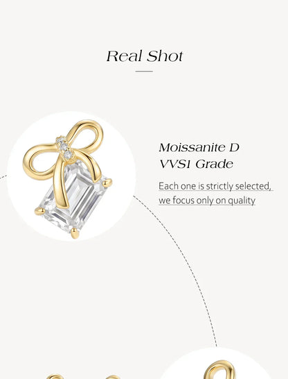 New Bow Earrings Emerald Cut Moissanite Stud Earrings S925 Silver Elegant Dainty Anniversary Wedding Jewelry for Women