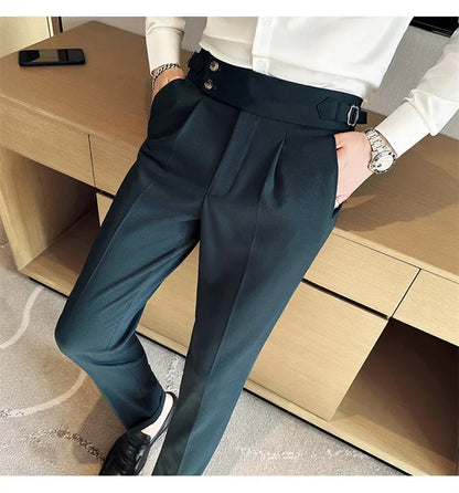 Pure Color Male Business Wedding Dress Pants Fashion Unique Design Men Waist Adjustable Suit Pant No Belt Slim Trousers Homme