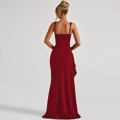 Women Elegant Solid Straps Slit Ruched Patchwork Sexy Bodycon Maxi Dress Summer Outfits Evening Party Birthday Festival