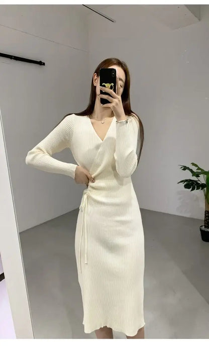 Chic V-ne Knitted Wrap Waist Slimming Mid-length A-line Dr Women's Sweater Dr Korean Sle High Waist Long Sve