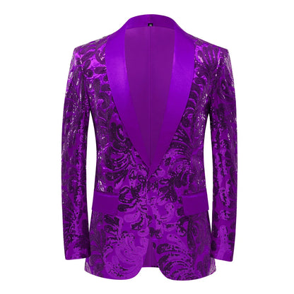 2026 Men's Shiny Gold Sequins Blazer Stylsih Shawl Collar One Button Tuxedo Floral Suit Jacket Party Wedding Groom Costume Homme