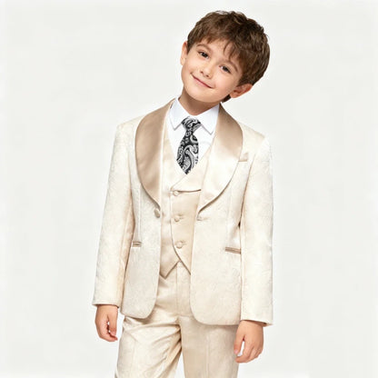 2026 New Boys Jacquard Suit Set 3 Pieces For Formal Occasion Stylish Elegant Satin Collar Kids Suits Wedding Ring Bearer Outfit