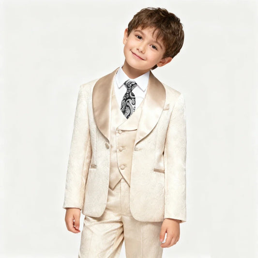 2026 New Boys Jacquard Suit Set 3 Pieces For Formal Occasion Stylish Elegant Satin Collar Kids Suits Wedding Ring Bearer Outfit