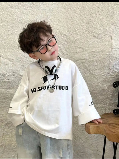 2-9 Yrs Baby Boys Spring and Autumn Korean New Children's White Loose Two Sleeve T-shirt+Hole Jeans Set Boy Outfits Kids Clothes