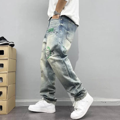 Spring and Autumn New Fashion Trend Printed Straight Leg Vintage Denim Pants Men's Casual Loose Sports High Quality Pants 28-36
