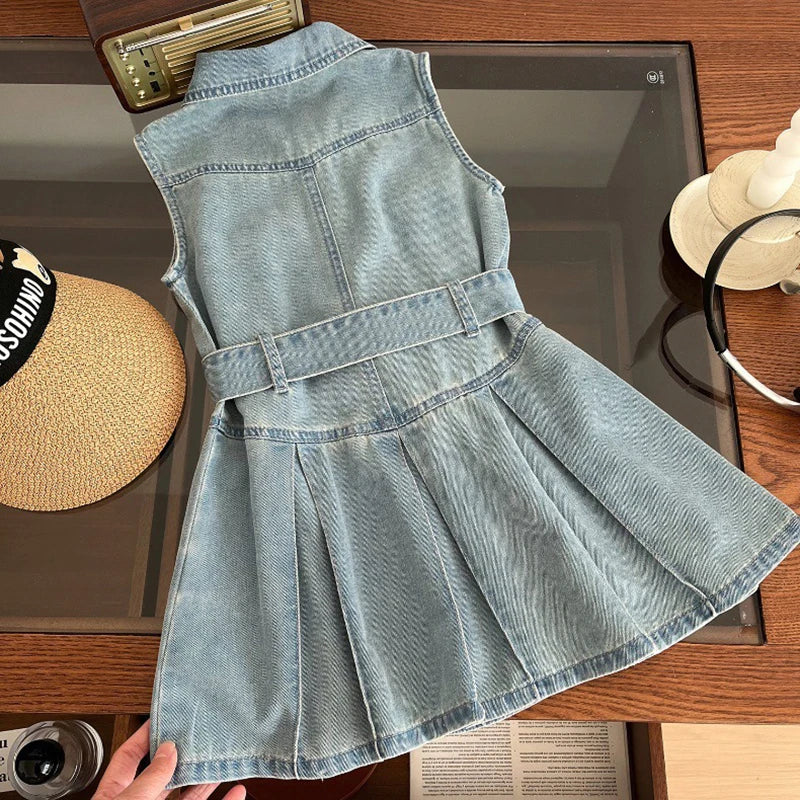 Summer New Girls Denim Dress Belt Decoration Lapel Collar Sleeveless Tutu Princess Dress For 2 -10 Years Kids Fashion Dress