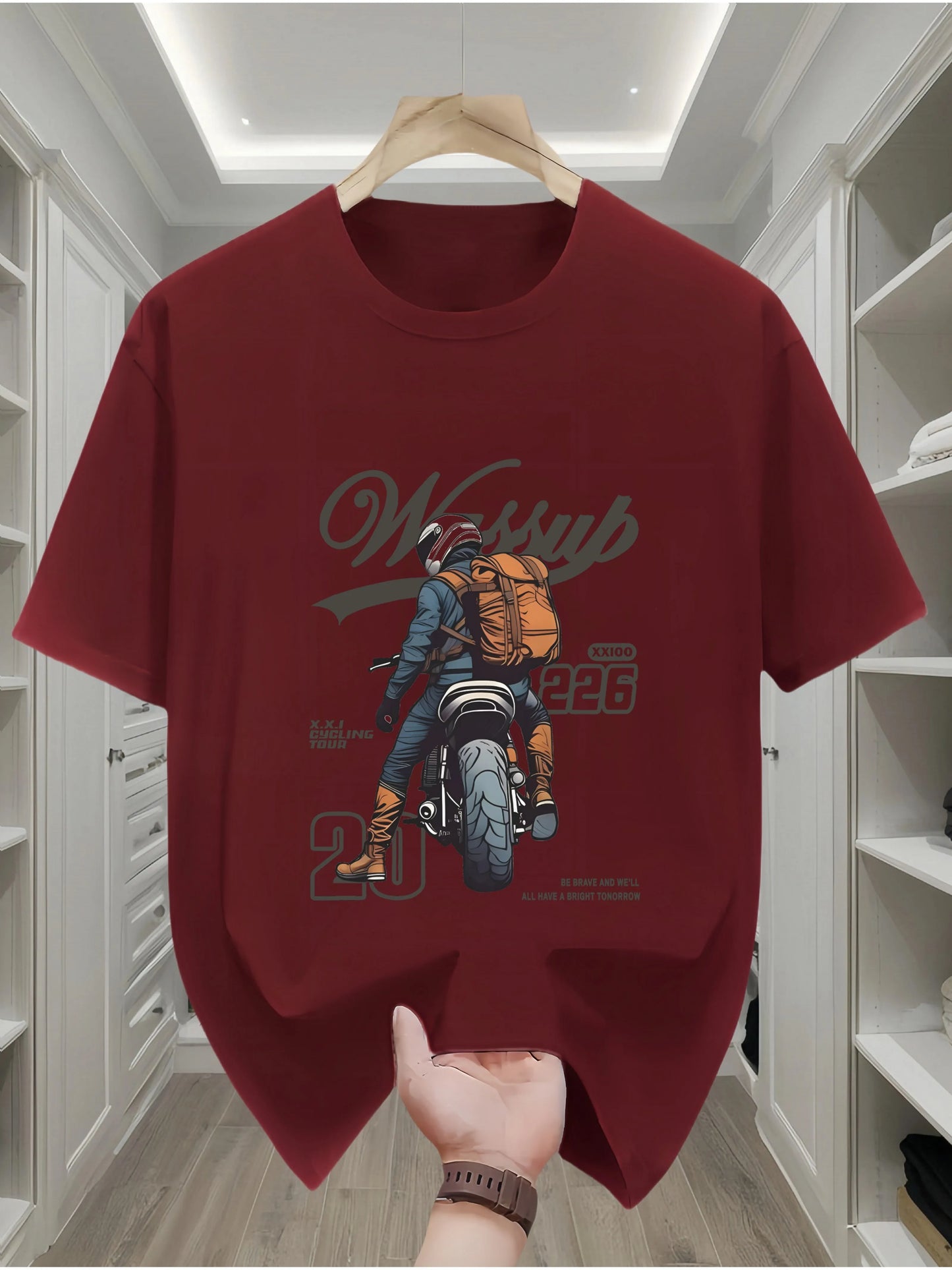 Summer men's 100% pure cotton casual loose oversized classic motorcycle creative printed round neck short sleeved T-shirt top