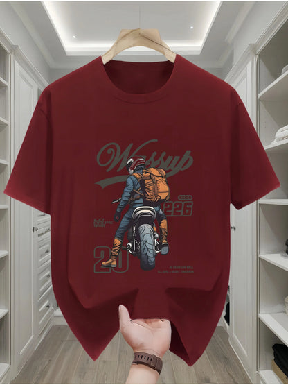 Summer men's 100% pure cotton casual loose oversized classic motorcycle creative printed round neck short sleeved T-shirt top