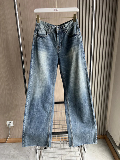 Wide-leg high-waisted jeans  women's classic everything with five pockets washed soft comfortable ultra-long jeans6045022