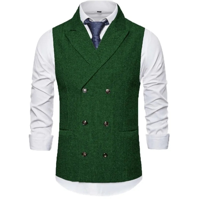 Men Vest Brown Herringbone Double Breasted Buckle Solid Business Casual Waistcoat Regular Slim Banquet Men Suit Vest
