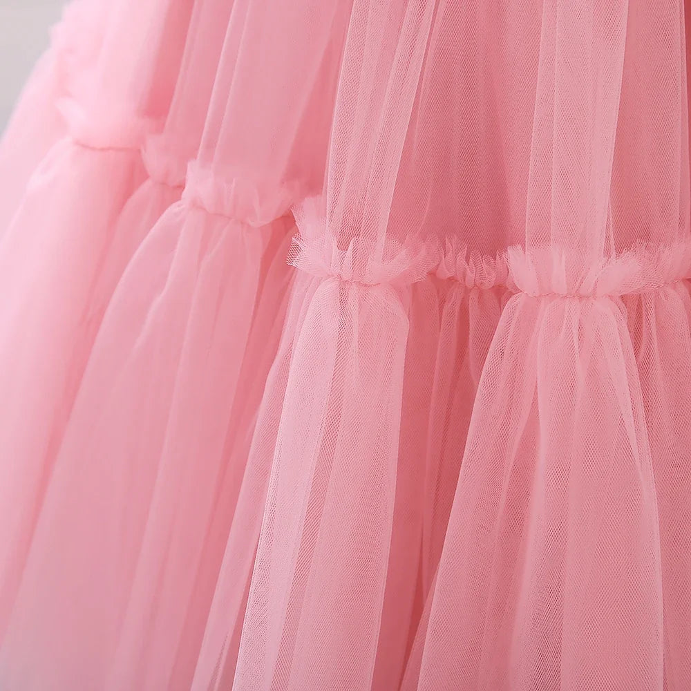 Elegant Ruffles Wedding Party Baby Girls Dress Tulle Pink Bow Bridemaid Princess Birthday Kids Dresses For Girl Evening Costumes