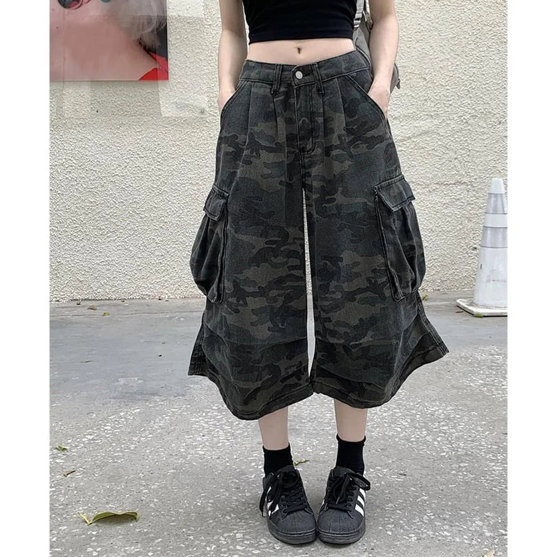 Lady Retro Fashion Baggy Capri Jeans Female High Waist Thin Denim Pants Girls Fashion Camouflage Straight Leg Trousers