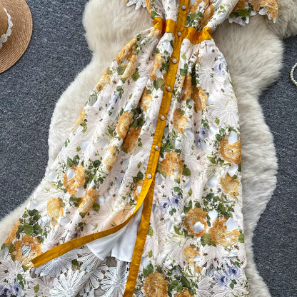 Embroidery Flower Vacation Dress French Style Blet Lapel Slim High Quality Hollow Out Ladies Elegant A-line Long Dress
