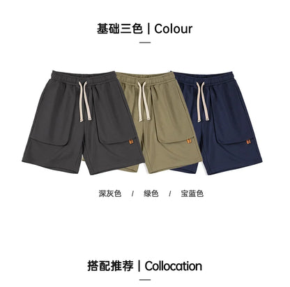 Casual Heavyweight Knit Shorts for Men Straight Loose Large Pockets Sports Short Sweatpants Elastic Waist Athletic Shorts