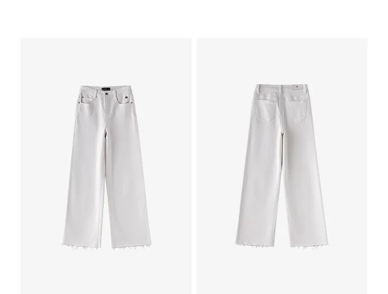 Women Jeans 2026 Spring New Black Label Lycra Stretchy White Frayed Cuff Loose Wide-Leg Pants