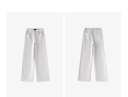 Women Jeans 2026 Spring New Black Label Lycra Stretchy White Frayed Cuff Loose Wide-Leg Pants