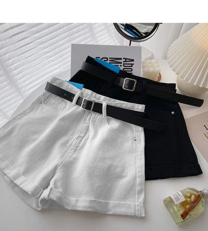 Wide Leg Denim Shorts With Belt Women Summer High Waist Pocket Hot Pants Streetwear Korean Fashion Casual Cowboy Jeans Shorts