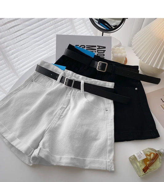 Wide Leg Denim Shorts With Belt Women Summer High Waist Pocket Hot Pants Streetwear Korean Fashion Casual Cowboy Jeans Shorts