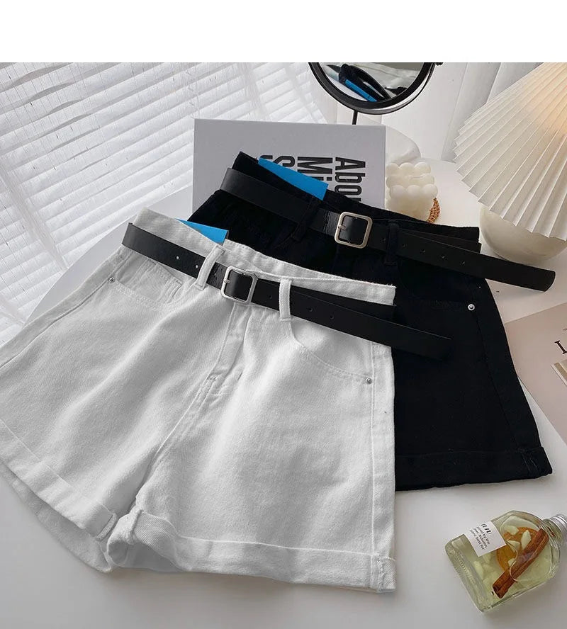Korean Summer Wide Leg High Waist Denim Shorts With Belt Women Fashion Pocket Hot Pants Streetwear Casual Cowboy Jeans Shorts