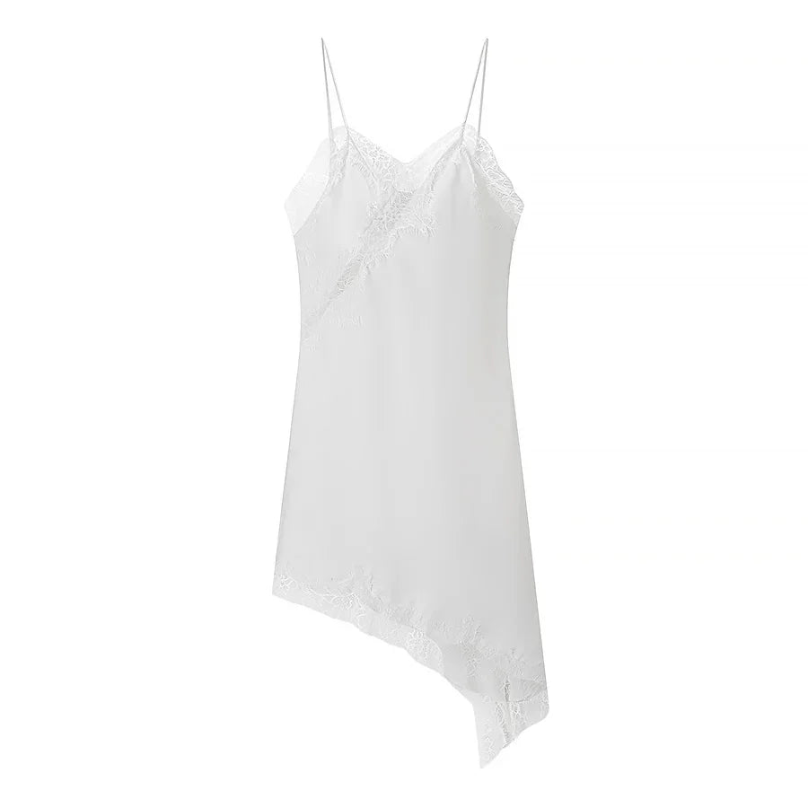 Summer Women Fashion Asymmetry Lace Decorate Dress Female Sexy Sleeveless Backless Halter Neck Collar Beach Party Dress