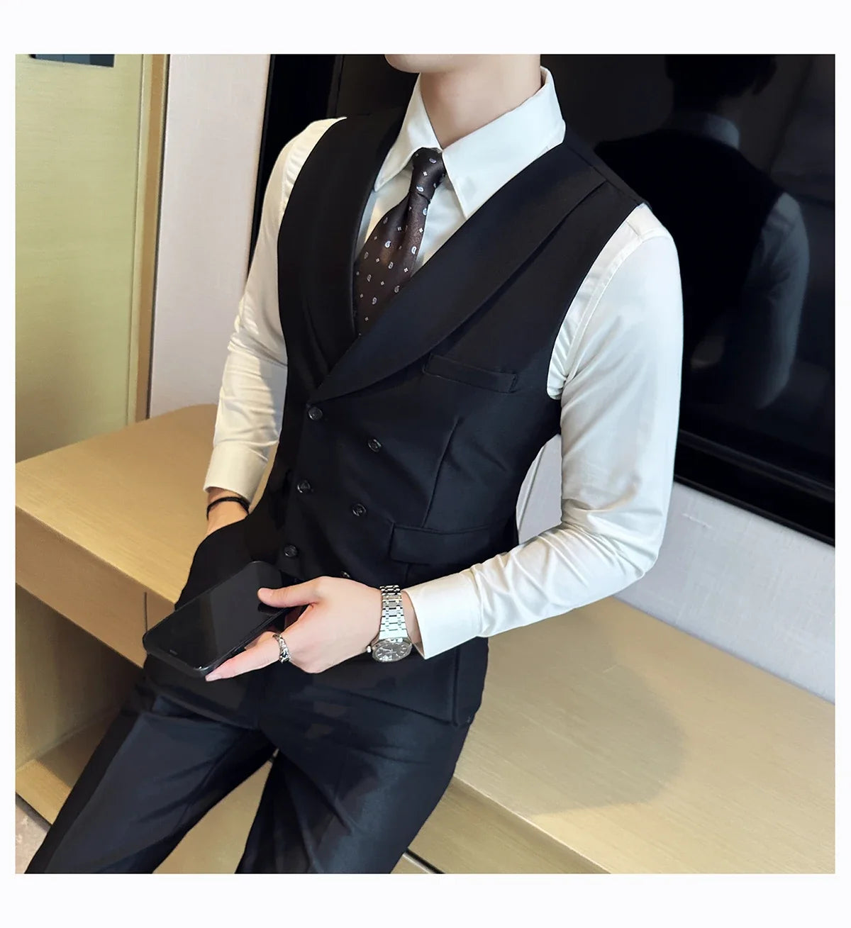 Men Luxury Double Breasted Design Solid Vest Formal Groom Wedding Dress Suit Vest Set Fashion Mens Club Singer Clothing 6XL-M