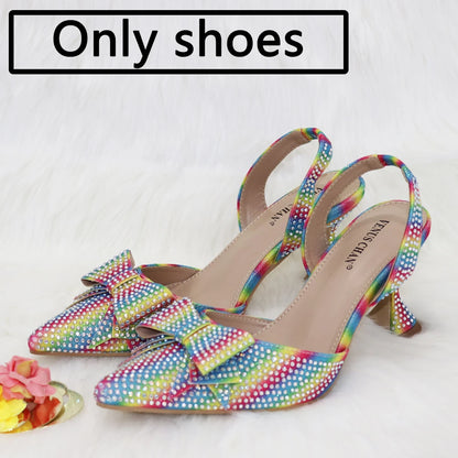 Bridal High Heels for Women 2023 Pointed Toe With Bows Gold Color Rhinestone  Elegant Party Wedding Shoe and Bag Set