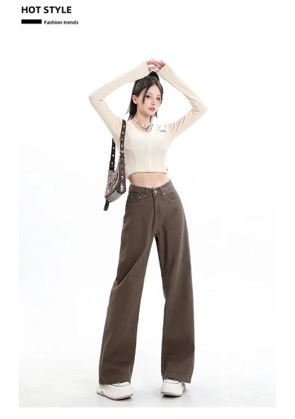 Baggy High Street Fashion Straight brown Jeans for Women's Y2k High Waist Female Clothing Solid Color Casual Wide Denim Trousers