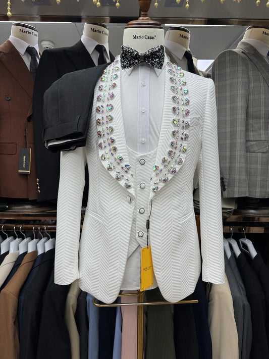 Fully Lined 3-pieces Suit Set For Man, Real Images, Chic Crystals Collar Wedding Groom Wear, White Delicate One Button Tuxedo