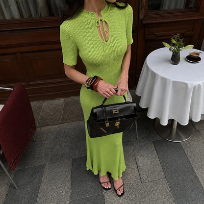 Retro Knitted Long Dress Female Short Sleeve Slim Hollow Retro Elegant Sweater Dress 2025 Summer High Waist Woman Dress