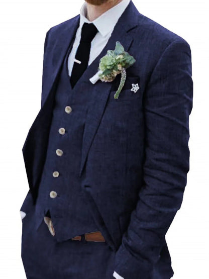 High-End Retro Linen Men Suit Beach Wedding Suit Summer Slim Fit 3 Pieces Light Weight Linen Suit Jacket Vest Pant