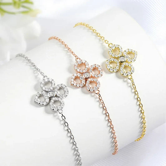 Bracelets réglables à fleurs en Moissanite pour femmes, certifiés, scintillants, plaqués or 18 carats, bijoux d'oreille 100 % argent sterling 925