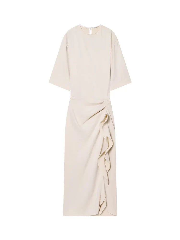 Women New Fashion Round Neck Pleated Short Sleeve Waist Dress Women Casual Sexy Side Zipper Button Solid Midi Summer Dress
