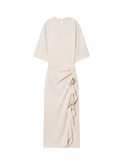 Women New Fashion Round Neck Pleated Short Sleeve Waist Dress Women Casual Sexy Side Zipper Button Solid Midi Summer Dress