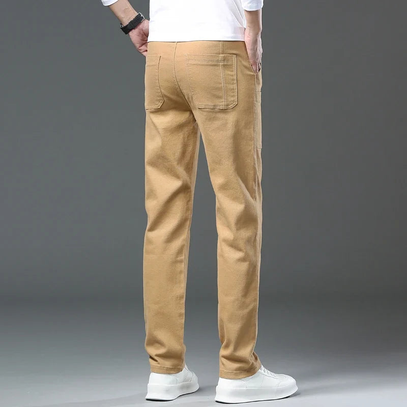 Spring and Autumn Men's Multi-Pocket Design Jeans Fashionable and Versatile White Khaki Red Comfortable Stretch Denim Pants