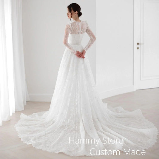 Saudi Arab Wedding Dress Customized Long Sleeve Illusion Sequined Lace Court Train Bridal Gown Robe De Mariage Bride Dresses