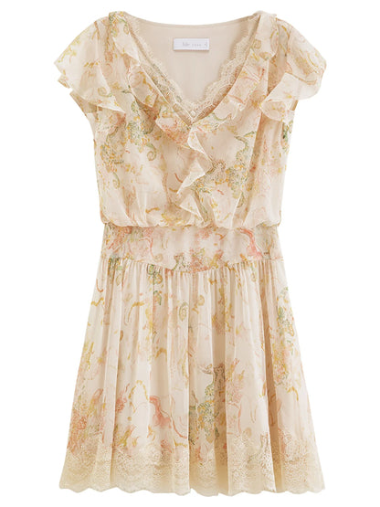 2026 Summer Women‘s Tiered Ruffle Lace Trim Chiffon Long Short Dress Flowy Smocked Maxi for French Romantic Coquette Style