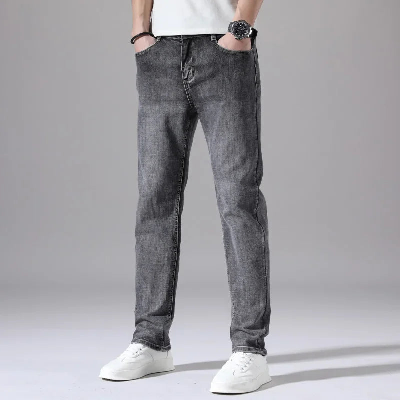 2026 Cotton Stretch Jeans Business Casual Men's Thin Denim Jeans Grey Spring Summer Brand New Fit Straight Lightweight