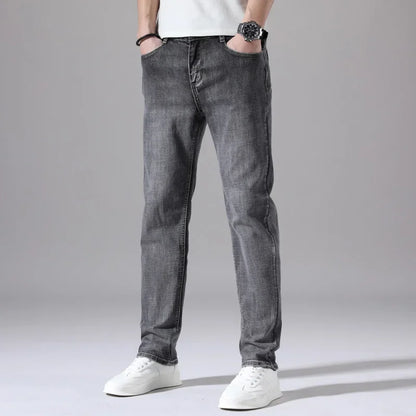 2026 Cotton Stretch Jeans Business Casual Men's Thin Denim Jeans Grey Spring Summer Brand New Fit Straight Lightweight
