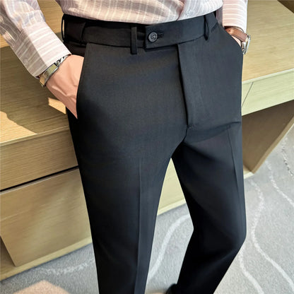 Autumn Winter Thicken Elastic Waist Casual Suit Pants High Quality Men Woven Dark Striped Slim Fit Office Social Dress Trousers