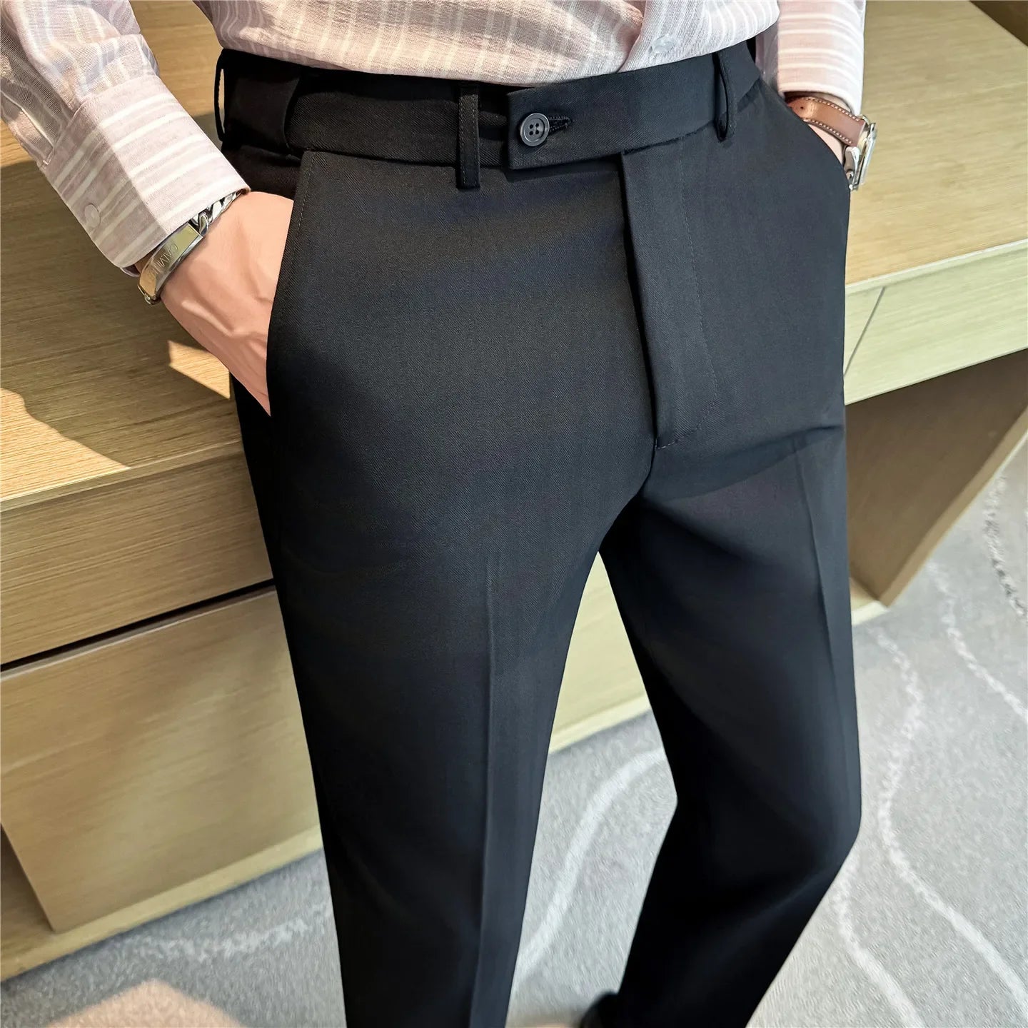 High Quality Pinstripe Slim Fit Suit Pant Men Stretchable Elastic Waist Slim Fit Business Social Wedding Party Casual Trousers