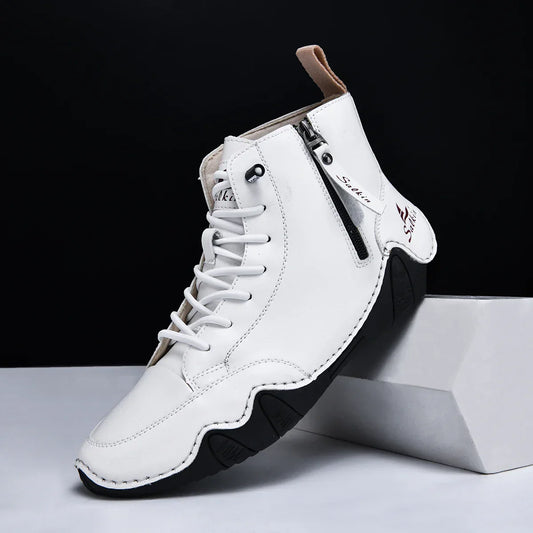 New 2025 Handmade Casual Shoes Men Sneakers Ankle Boots Leather Side Zipper Comfortable Breathable Anti-Slip Outdoor Walking